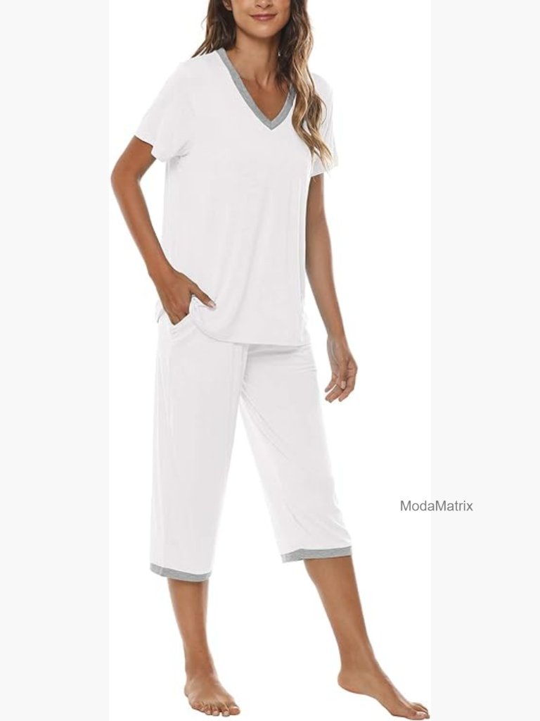 Women's Pajama Set Short Sleeve Top Capri Pants Pockets Soft Modal Lounge
